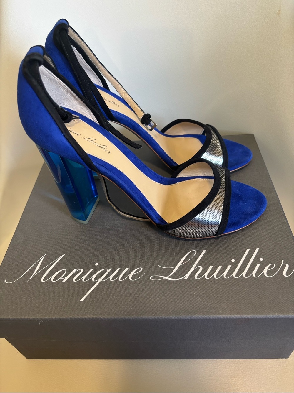 Monique Lhuillier Royal Blue Suede & Black Mesh Block Heel Sandals